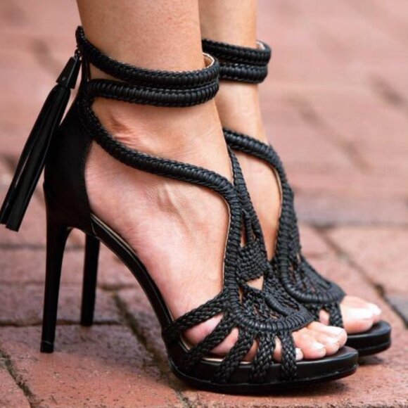 BCBG MAXAZRIA 4" Brown Leather Braided Stiletto Heels With Tassel Zippers - Picture 1 of 6